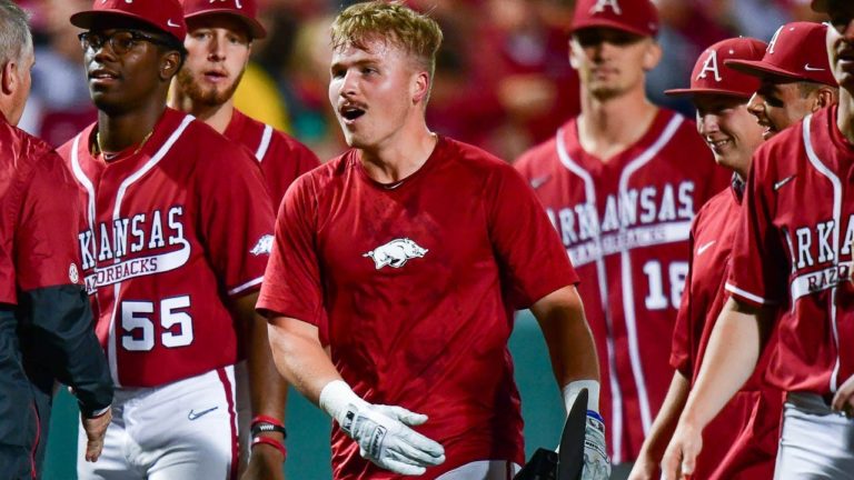 Welch after delivering a game-winning hit for Hogs to clinch series