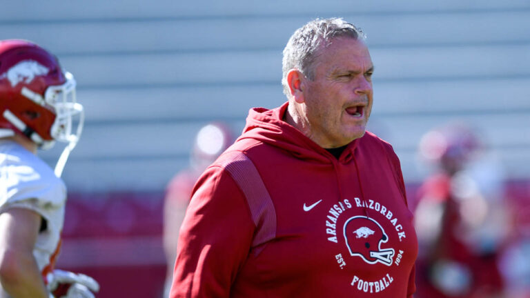Pittman after Hogs’ third day of spring practice, getting more physical