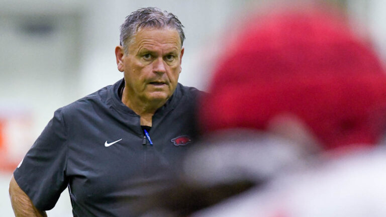 Hogs coach Sam Pittman after first day of spring practices Thursday
