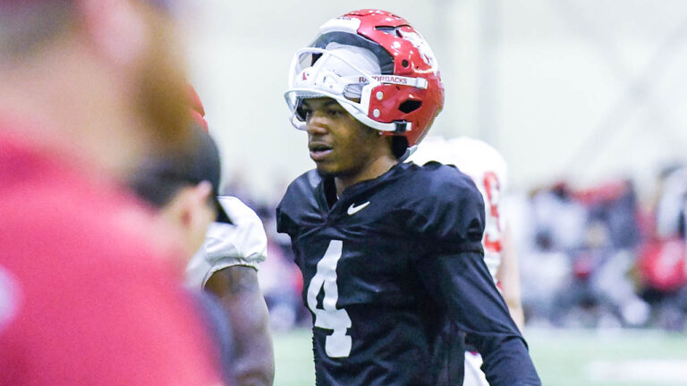 Saturday Down South’s Connor O’Gara on questions after Hogs’ practice Saturday