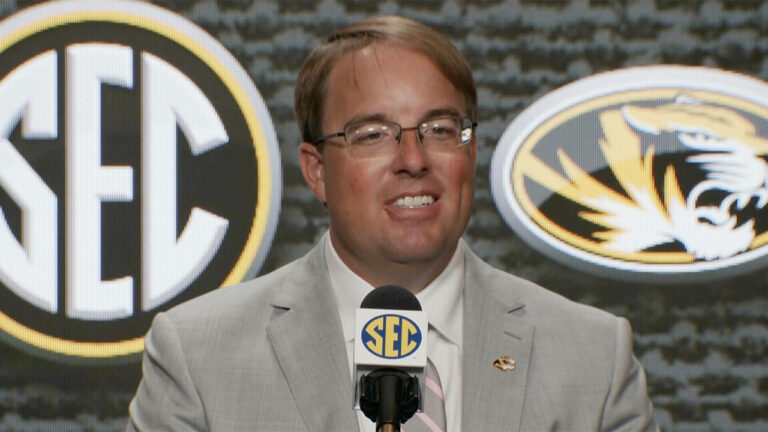 Missouri coach Eli Drinkwitz at SEC Media Days in Atlanta on Monday