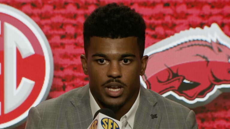 SECMD22: Hogs safety Jalen Catalon. on getting close against Alabama