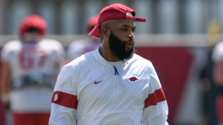 Hogs’ cornerbacks coach Dominique Bowman on background, position group