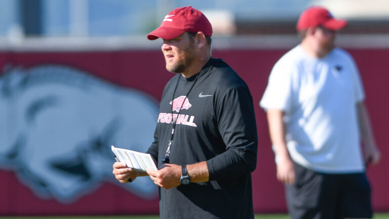 Razorbacks defensive coordinator Barry Odom after Thursday practice