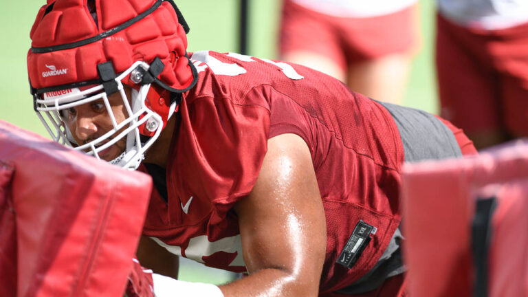 Hogs defensive lineman Isaiah Nichols, linebacker Chris Paul after practice