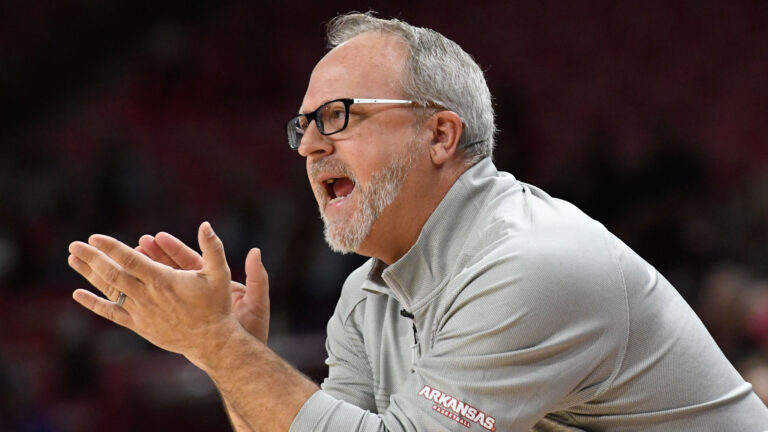 Hogs coach Mike Neighbors after playing LSU literally to wire, but falling