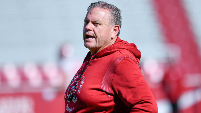 Hogs coach Sam Pittman on former coach in attendance at practice