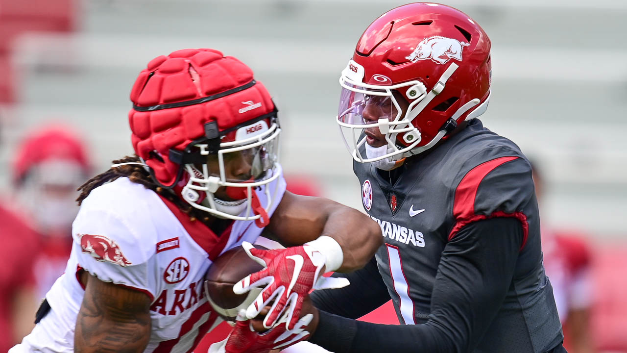 Razorbacks Rocket Sanders, KJ Jefferson, Isaiah Sategna after Saturday