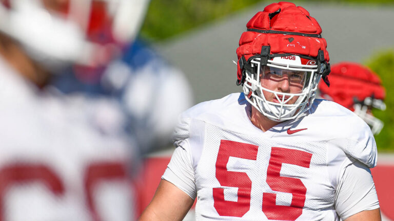 Razorbacks offensive linemen after Tuesday morning’s practice