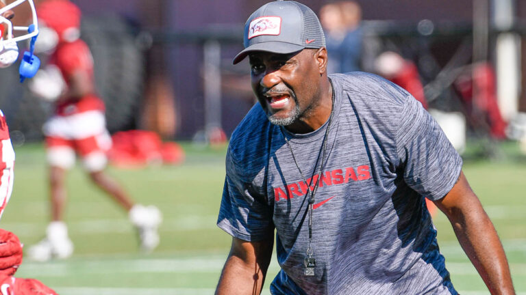 Razorbacks’ defensive backs coach Marcus Woodson after practice