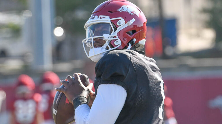 Razorbacks’ DE Trajan Jeffcoat, quarterback KJ Jefferson after scrimmage