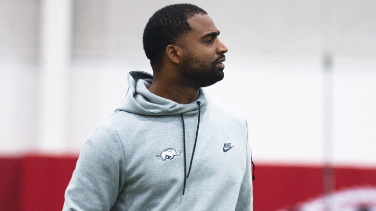 Hogs co-defensive coordinator Deron Wilson after Monday practice