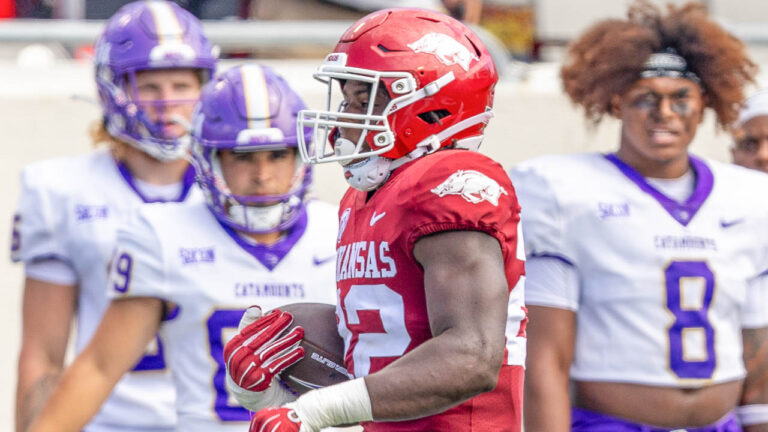 Hogs’ defensive back Brad Spence and safety Hudson Clark