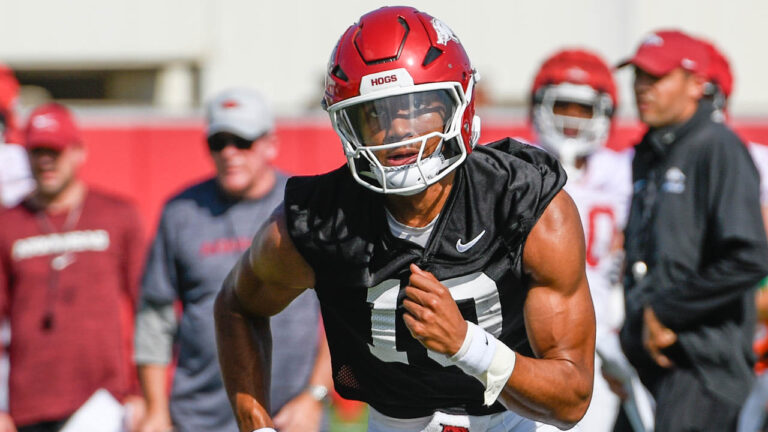 Razorbacks’ Cam Ball, Taylen Green, Hudson Clark after first practice