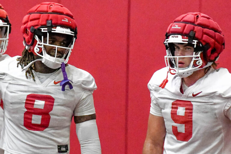 Hogs’ tight ends after moving indoors for second practice of fall camp