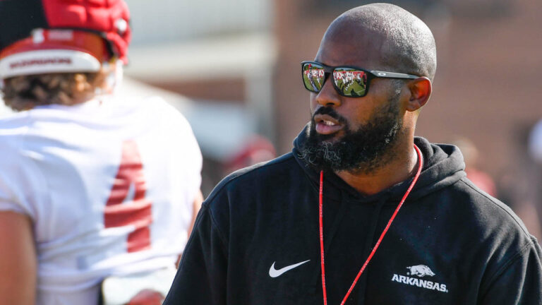 Razorbacks’ running backs coach Kolby Smith after practice Friday