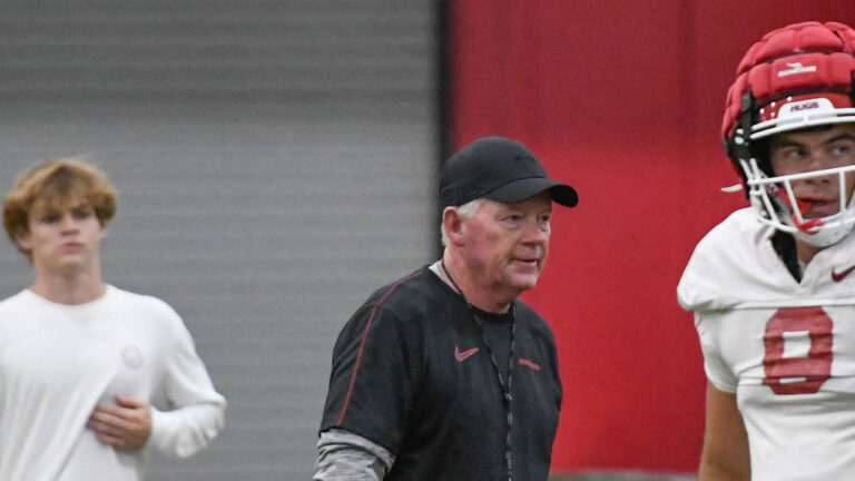 Razorbacks’ offensive coordinator Bobby Petrino after practice Tuesday