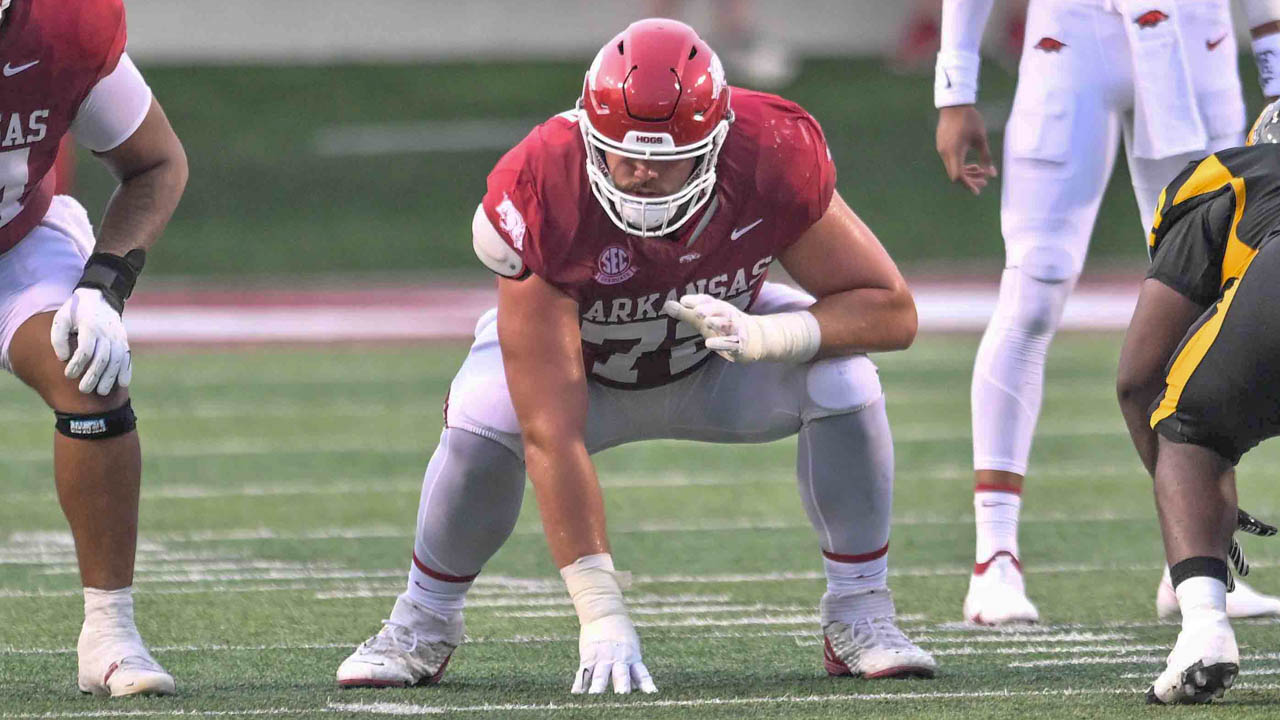 Razorbacks lineman Joshua Braun getting set for a play against UAPB