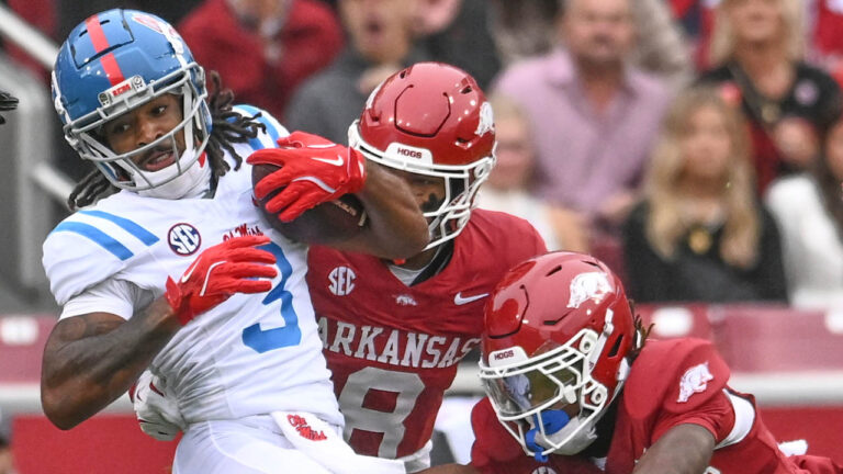 Ole Miss Rebels wide receiver Antwane "Juice" Wells catches a pass against Arkansas' TJ Metcalf (18) and Jayden Johnson (8)