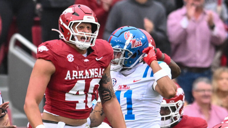Razorbacks' Landon Jackson after a play against Ole Miss