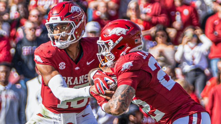Razorbacks quarterback Taylen Green runs mesh read with running back Ja'Quinden Jackson against Texas