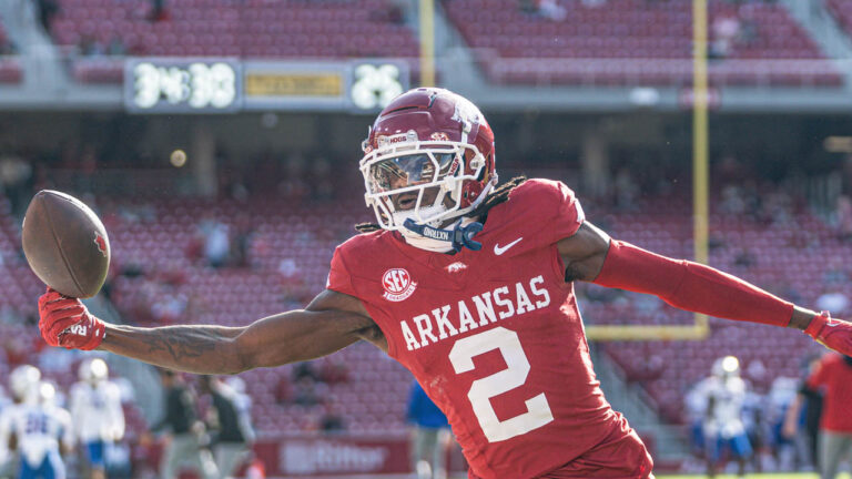 Razorbacks wide receiver Andrew Armstrong during warmups before game with Louisiana Tech