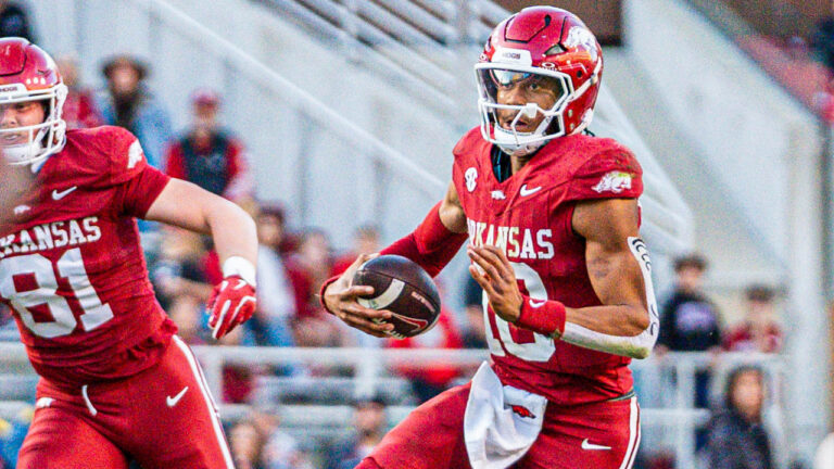 Razorbacks quarterback Taylen Green running against Louisiana Tech