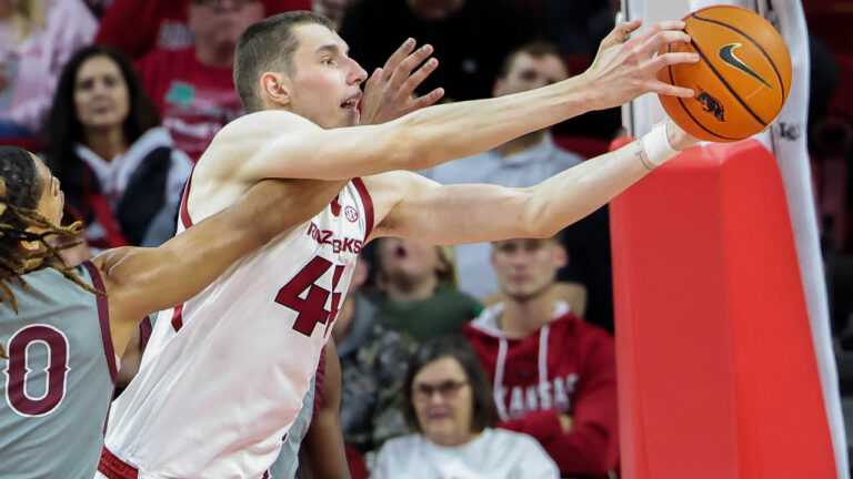 Razorbacks forward Zvonimir Ivsiic grabs a rebound against Eastern Maryland Shore