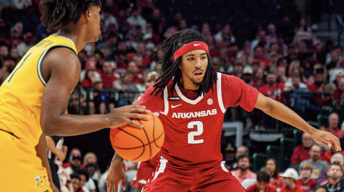 Razorbacks guard Boogie Fland against Baylor in Dallas