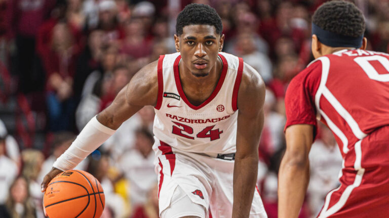 Razorbacks Billy Richmond looking inside against Oklahoma