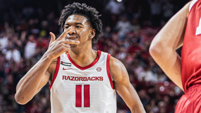 Razorbacks guard Karter Knox on the court during a game with Oklahoma