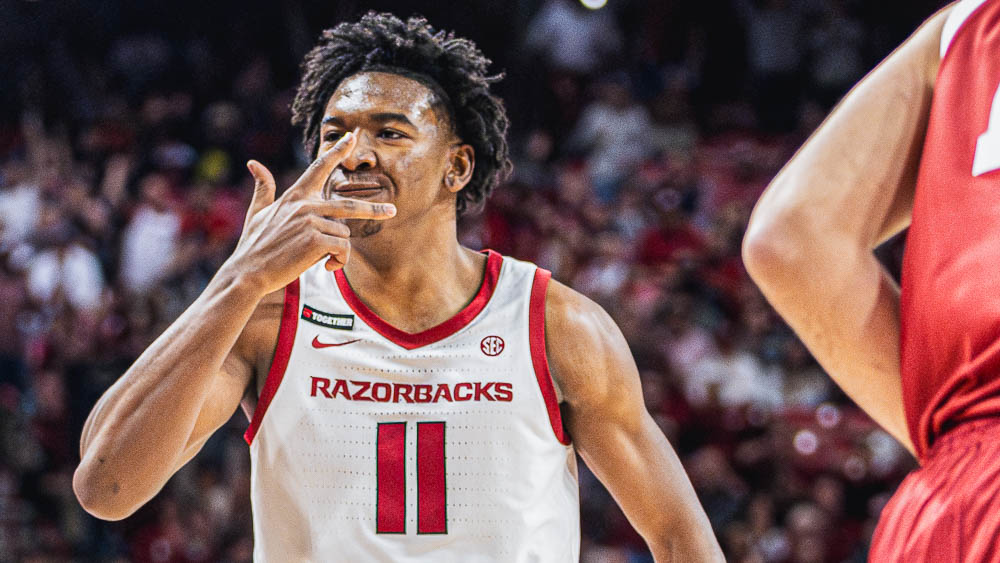 Razorbacks guard Karter Knox on the court during a game with Oklahoma