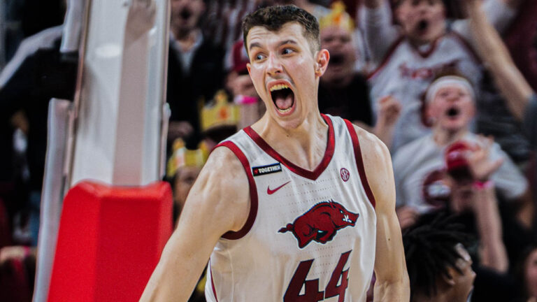 Razorbacks' forward Zvonimir Ivisic reacts during comeback against Alabama