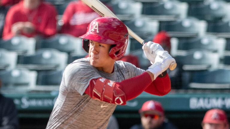Razorbacks Nolan Souza during an at-bat in a preseason scrimmage