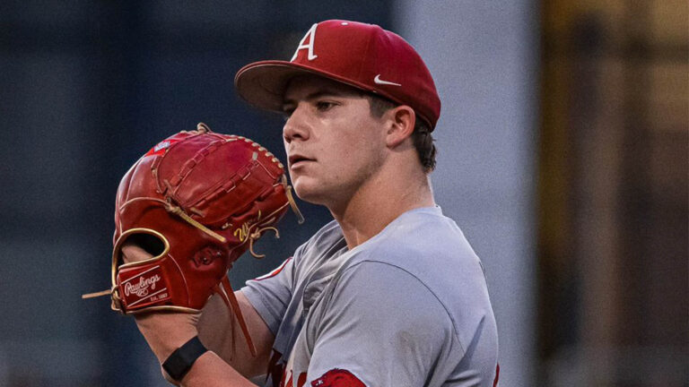 Razorbacks pitcher Gage Wood preparing to deliver a pitch