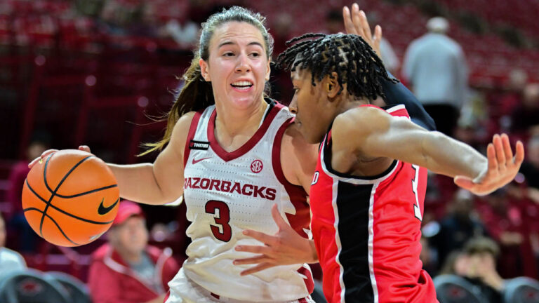 Razorbacks guard Izzy Higginbottom drives in a game against Fairfield