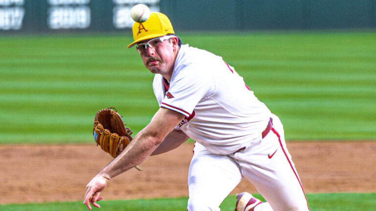 Razorbacks pitcher Colin Fisher delivers against Missouri State at Baum-Walker Stadium