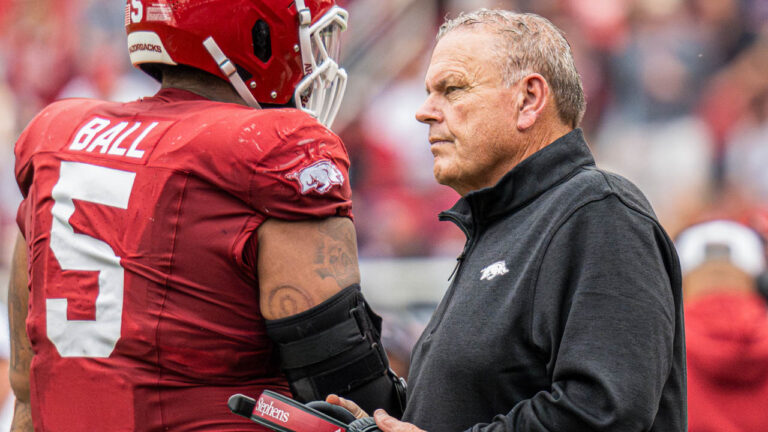 Razorbacks coach Sam Pittman on the sidelines against Ole Miss