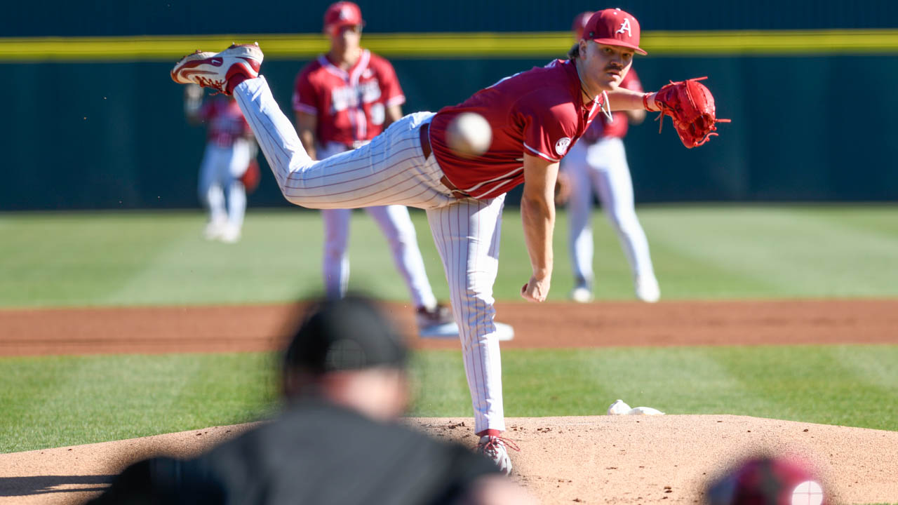 Razorbacks pitcher Ben Bybee delivers to the plate against Grambling