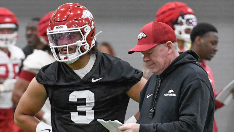 Razorbacks offensive coordinator Bobby Petrino on offense during spring practice