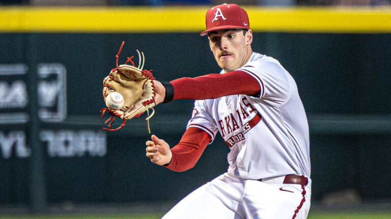 McGuire’s first start, steady hitting lifts Razorbacks past Grambling