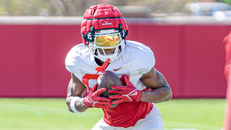 Razorbacks wide receiver Ismael Cisse catches a pass during spring practice drills