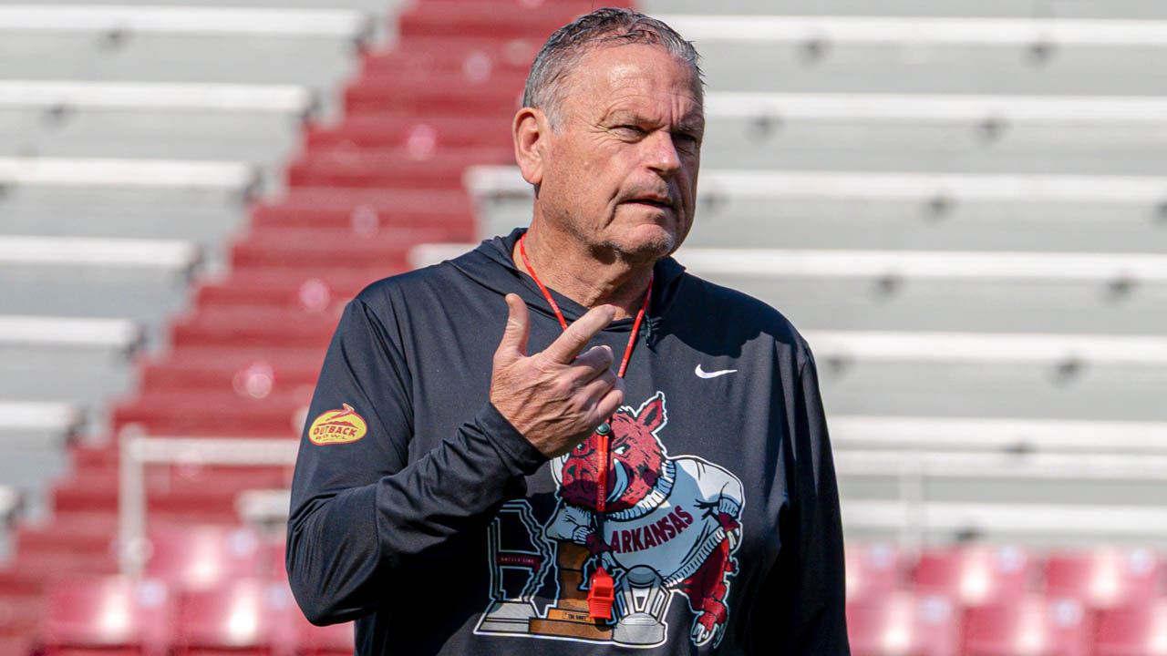 Razorbacks coach Sam Pittman during a spring practice scrimmage