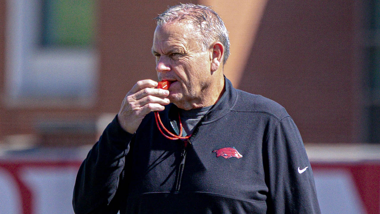 Arkansas Razorbacks coach Sam Pittman during a practice