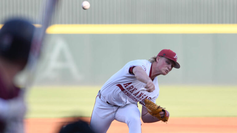 Five shutout innings by McGuire paces Hogs to 10-0 win over Trojans