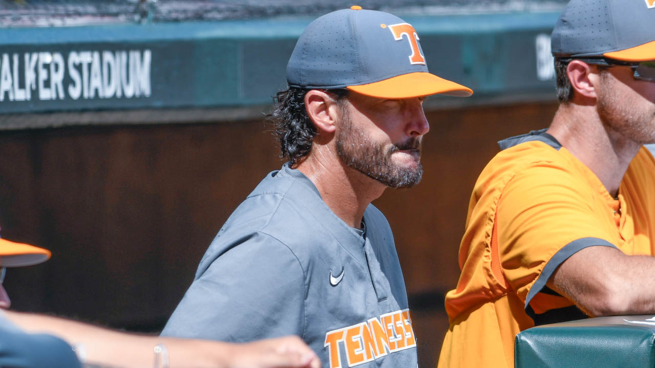Volunteers coach Tony Vitello in the dugout in a Super Regional game against Arkansas