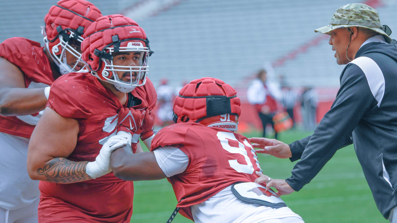 Arkansas Razorbacks defensive lineman Danny Salli at spring practices at Razorback Stadium