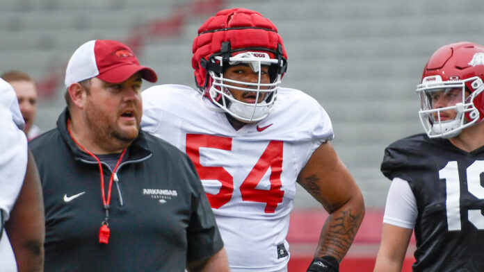 Arkansas Razorbacks Keyshawn Blackstock working with the offensive line in preseason practices