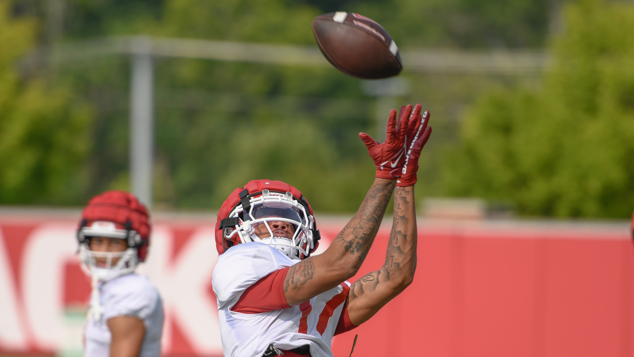 Arkansas Razorbacks wide receiver Jalen Brown prepares to make a catch in preseason practices