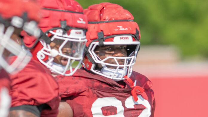 Arkansas Razorbacks defensive lineman David Oke during preseason drills on the outdoor practice fields